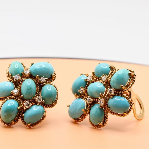 Vintage 18K Gold Family Heirloom Turquoise Diamond Clip On Earrings - Picture 5 of 16